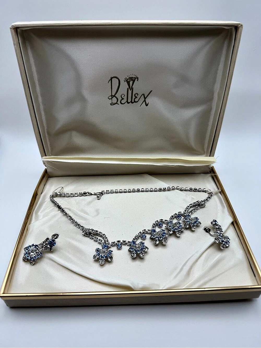 Vintage Bellex Blue Crystal Necklace & Earrings Set Like New